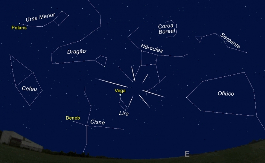 O céu virado a Este, às 00h30 do dia 23, com indicação do radiante da “chuva de estrelas” das Líridas. (Imagem: Ricardo Cardoso Reis/Stellarium)