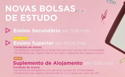 Candidaturas abertas para bolsas de estudo, mérito, investigação e ensino articulado, além de apoio ao alojamento para alunos deslocados