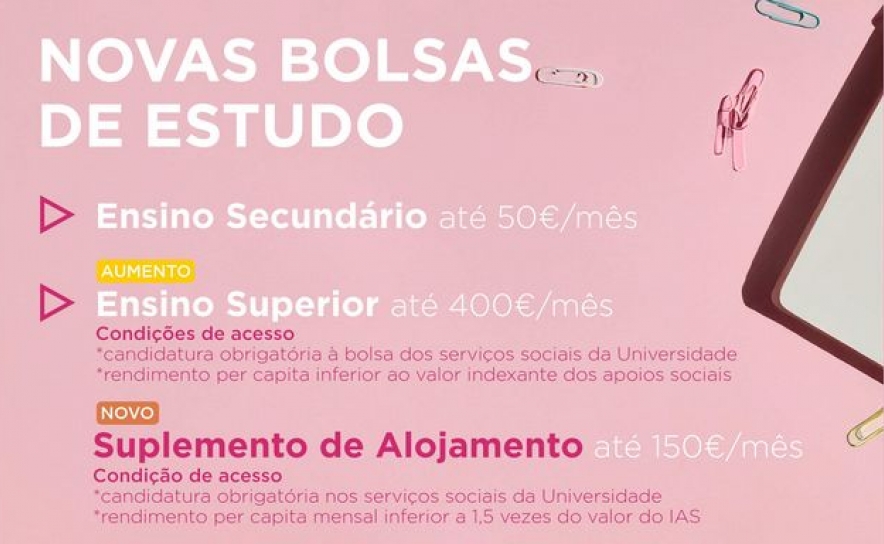 Candidaturas abertas para bolsas de estudo, mérito, investigação e ensino articulado, além de apoio ao alojamento para alunos deslocados