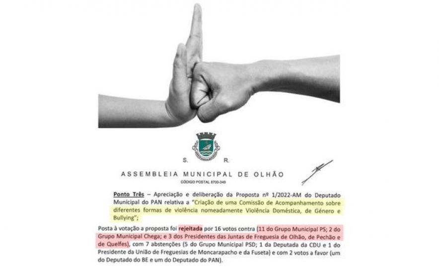 25 de novembro - Dia Internacional para a Eliminação da Violência Contra as Mulheres: A Realidade de uma Proposta do PAN Chumbada pelo PS e Chega em Olhão 